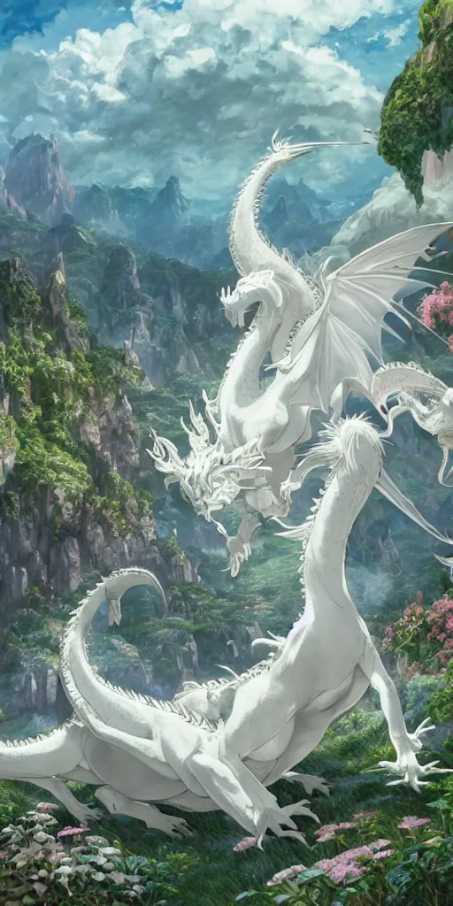 Image similar to the beautiful hyper detailed scene render that a beautiful girl lies in the arms of a huge silver white dragon alone in the fairyland surrounded by white clouds, finely detailed angelic face delicate features, style of studio ghibli, makoto shinkai, raphael lacoste, louis comfort tiffany, artgerm, james jean, ross tran, animation style, hd, ultra wide angle