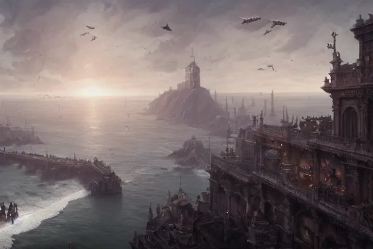 Image similar to people FLYING ON BIRDS, over the ocean, towards a GIGANTIC wall, protecting the city from black mist, cinematic, greg rutkowski, detailed, intricate