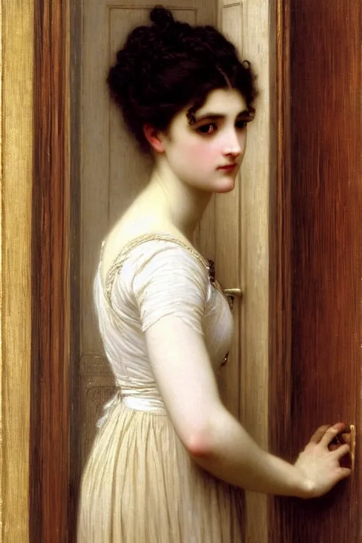 Image similar to lady in thought by auguste toulmouche and bouguereau, perfect detailed eyes, pale skin, blonde hair, leaning on door