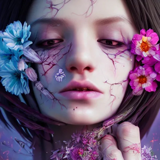 Prompt: beautiful girl necromancer, witch - doctor exploding into flowers by wlop, hyper - realistic detailed portrait by ilya kuvshinov, rtx reflections, octane 1 2 8 k, extreme high intricate details, digital abstract art by ross tran, medium shot, close up shot, composition by sana takeda, lighting by greg rutkowski