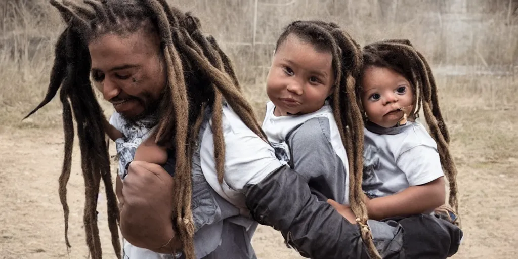 Image similar to a baby with dreadlocks, carried by his dad