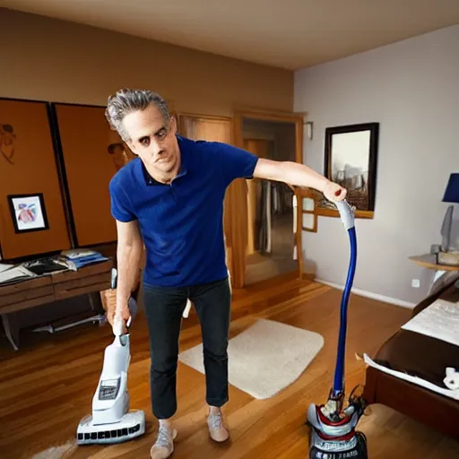 Image similar to Jordan Peterson cleans his room with a vacuum, motivational poster, inspirational art, high detail, realistic, mid shot, open