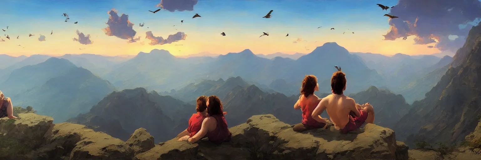 Prompt: A couple sitting on a cliff and watching the beautiful sunset, mountains, river, birds flying, beautiful view, oil on canvas by Frank Frazetta, digital art, WLOP, Mandy Jurgens