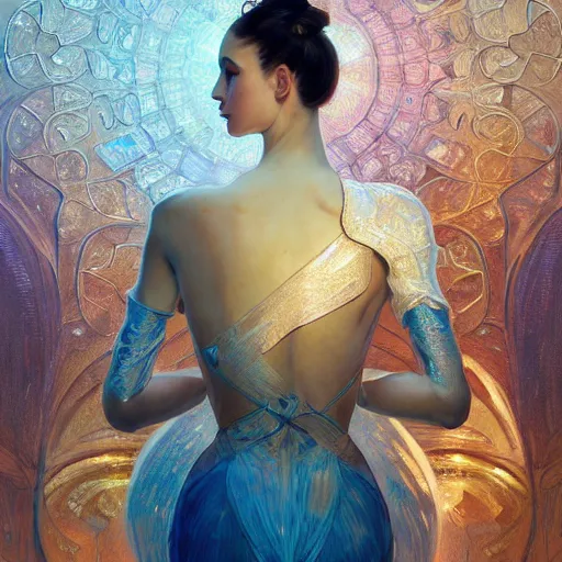 Prompt: hyperdetailed robotic ballerina with blue human eyes, human eyes, symetry, golden ratio, intricate, detailed, volumetric lighting, scenery, digital painting, highly detailed, artstation, sharp focus, illustration, artstation, art by artgerm and greg rutkowski and alphonse mucha