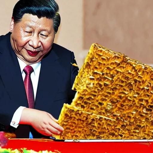 Image similar to A high quality photograph Xi Jinping sticking his hand in a honey jar, 85mm