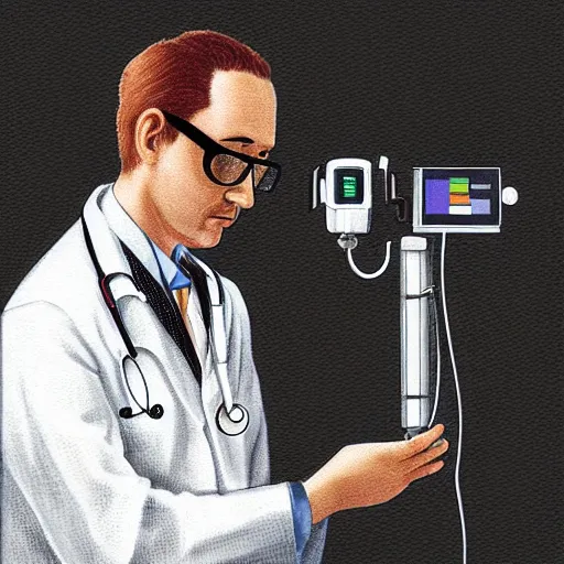Image similar to doctor holding Ophthalmoscope in a hospital, digital art, art station, detailed , intricate, sci-fi,