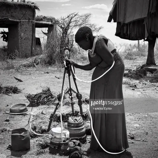 Prompt: wide angle photo of African woman inspecting laser gun ancient device, tools and junk on the ground,wires and lights, old village in the distance, vintage old photo, black and white, sepia