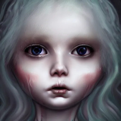 Prompt: porcelain doll with a spirit trapped inside stares intently into the camera, endless gaze, nightmare digital art, artstation, ultra detailed, beautiful aesthetic art