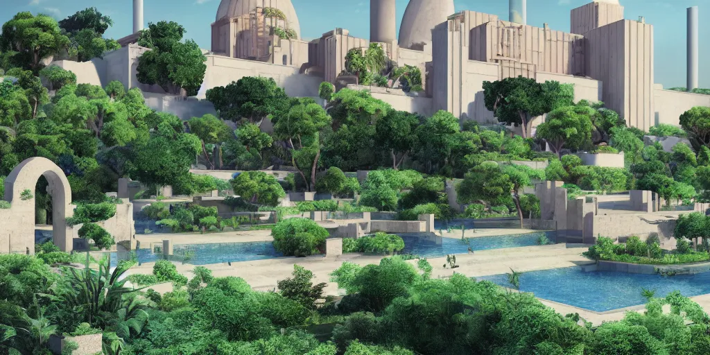 Prompt: verdant green Mediterranean garden based on the design of carlo scarpa in a megacity made of travertine temples, three monks wearing blue robes in the foreground, nuclear power station in the distance, sci-fi, light blue sky with clouds, optimistic matte painting, style by syd mead, 8k, octane render, photorealistic, hyperrealism