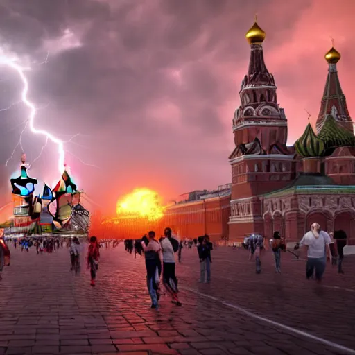 Image similar to a fiery thunderstorm with a tornado over red Square in Moscow, lot of people running and crying, photorealistic, 4k, unreal engine 5, trending on artstation, artstationHD