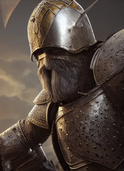 Image similar to medieval knight with a large moustache, fantasy, cinematic, ultrarealistic, intricate detail, finely detailed, small details, extra detail, high resolution, 3 d, volumetric lighting, octane render, 8 k, ultradetailed, photorealistic