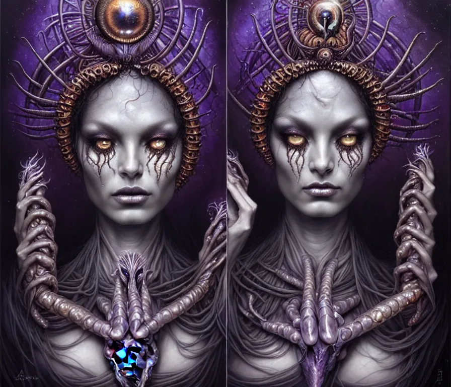 Image similar to A beautiful detailed alien goddess woman with 6 arms super dark tarot card, gorgeous model face by Stanley Artgerm, by tomasz alen kopera and Justin Gerard, 4 eyes, beautiful symmetrical features, ominous, magical realism, melting, texture, intricate, ornate, royally decorated, melting, whirling smoke, embers, purple adornments, blue torn fabric, radiant colors, fantasy, trending on artstation, volumetric lighting, micro details, 3d sculpture, ray tracing, 8k, anaglyph effect