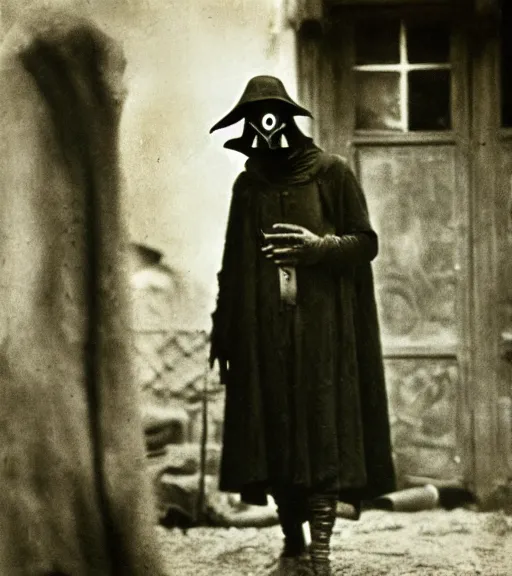 Image similar to a man at wearing plague doctor mask in distance, ww1 film photo, grainy, high detail, high resolution