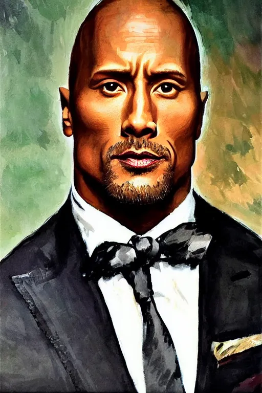 Prompt: elegant romantic portrait photo of dwayne johnson by greg manchess, mucha, iain mccaig,