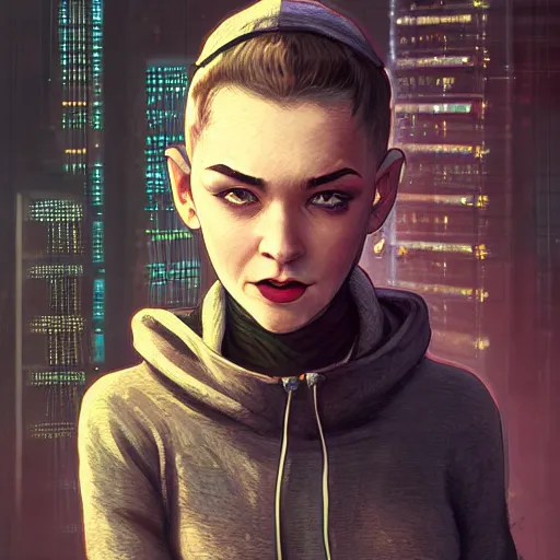 Prompt: character portrait of a 1950s girl in a hoodie, shaved head, dystopian cyberpunk steampunk soviet mood, intricate, wild, highly detailed, digital painting, artstation, upper body, concept art, smooth, sharp focus, illustration, art by artgerm and greg rutkowski and alphonse mucha