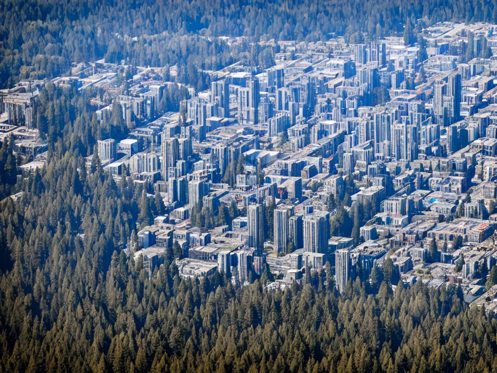 Image similar to bird's eye view photo of a metropolis highrise city, redwood forest separating from industrial district