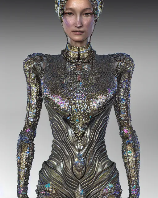 Prompt: a highly detailed metahuman 4 k close up render of an alien goddess bella hadid queen in iris van herpen dress schiaparelli in diamonds crystals swarovski and jewelry iridescent in style of alphonse mucha gustav klimt trending on artstation made in unreal engine 4