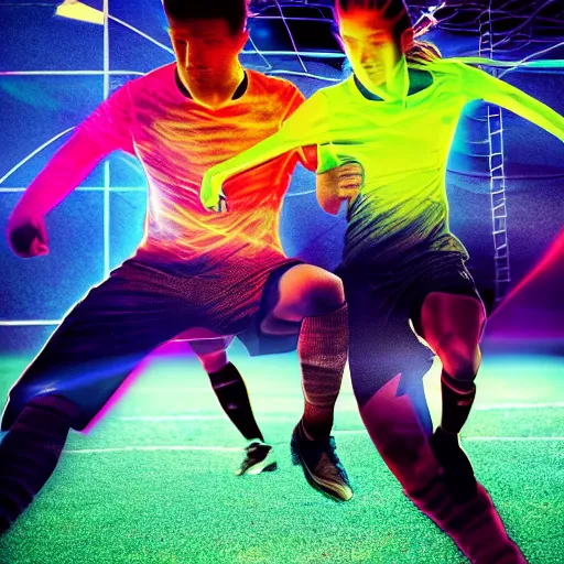 Image similar to soccer, futuristic, high def, realistic people, neon colours, high saturation,