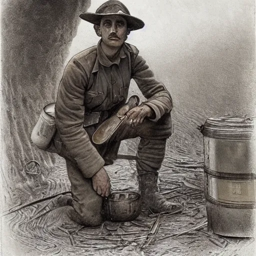 Image similar to a detailed photorealistic sepia - toned color portrait painting of a 1 9 1 7 worried clean - shaven british lieutenant in field gear in north arabia examining an ancient cylindrical clay jar, ultra realistic, intricate details, atmospheric, dark, horror, brooding, highly detailed, by clyde caldwell