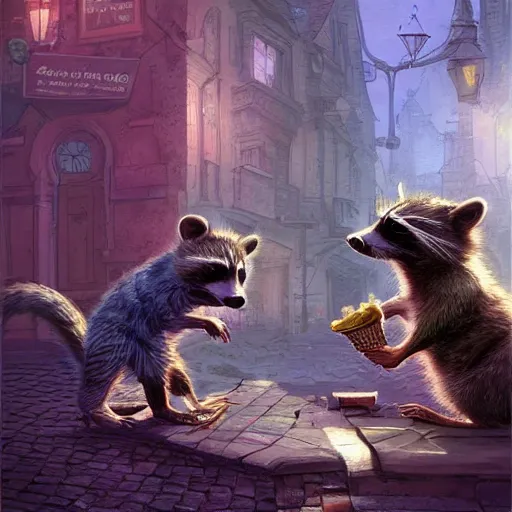 Image similar to Frank Dillane, petting raccoons, comical, funny, cute, cartoon, digital painting, old english, whimsical background by marc simonetti, artwork by liam wong