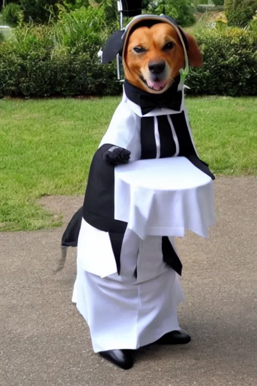 Image similar to a dog dressed as a waiter