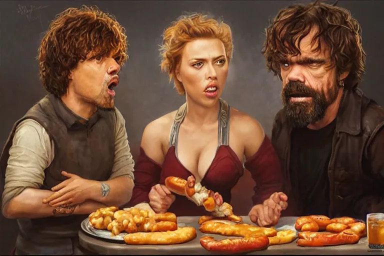 Image similar to portrait of peter dinklage sharing hotdogs with scarlett johansson, an oil painting by ross tran and thomas kincade