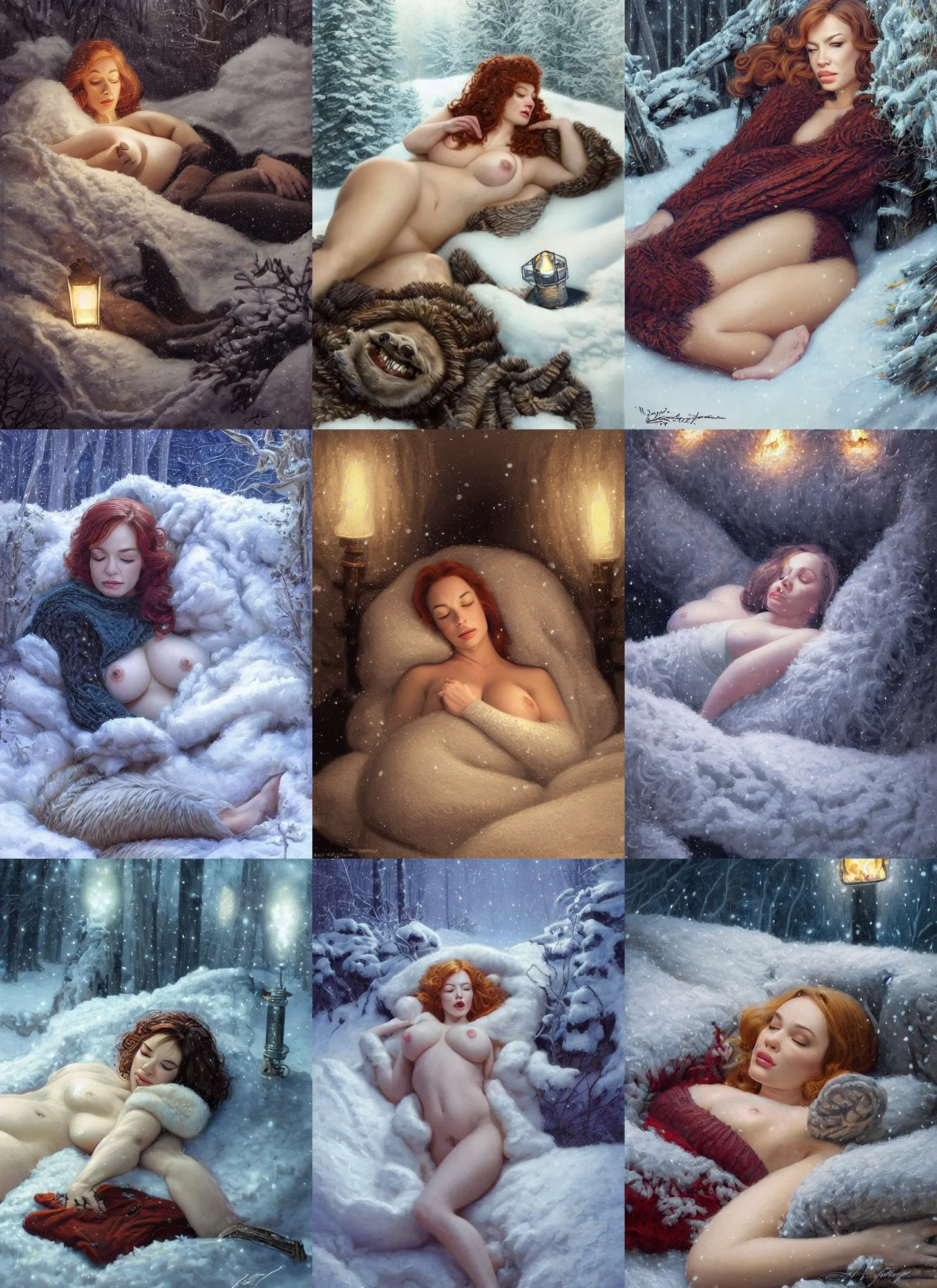 Image similar to portrait of muscled Christina Hendricks sleeping in soft snow wearing thick warm wooly covering clothing, winter scene fantasy, fireflies, torch light, scary creatures in background, intricate, elegant, highly detailed, centered, smooth, sharp focus, Donato Giancola, Joseph Christian Leyendecker, WLOP, Boris Vallejo, Artgerm