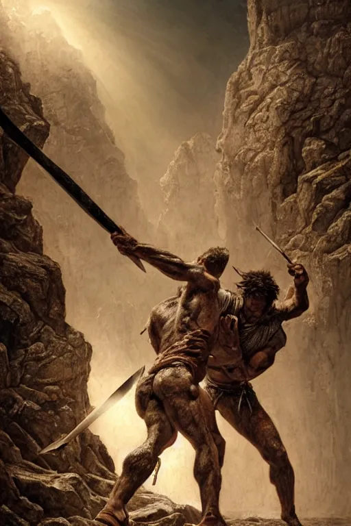 Prompt: hyperrealistic mixed media painting of biblical Cain stabbing Abel with a spear, masculine and rugged, stunning 3d render inspired art by P. Craig Russell and Barry Windsor-Smith + perfect facial symmetry + dim volumetric lighting, 8k octane beautifully detailed render, post-processing, extremely hyperdetailed, intricate, epic composition, grim yet sparkling atmosphere, cinematic lighting + masterpiece, trending on artstation, very very detailed, masterpiece, stunning