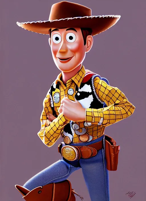 Image similar to portrait of woody from toy story in society ( 1 9 8 9 ), highly detailed, centered, solid color background, digital painting, artstation, concept art, smooth, sharp focus, illustration, donato giancola joseph christian leyendecker, les edwards, ed repka, basil gogos, wlop, artgerm