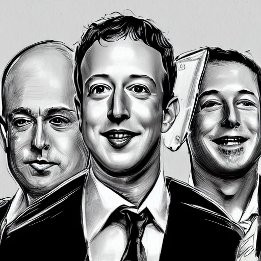 Image similar to portrait of elon musk, mark zuckerberg, jeff bezos, in meeting together, very detailed, art contest winner on behance, trendy on deviant art, by by artgem