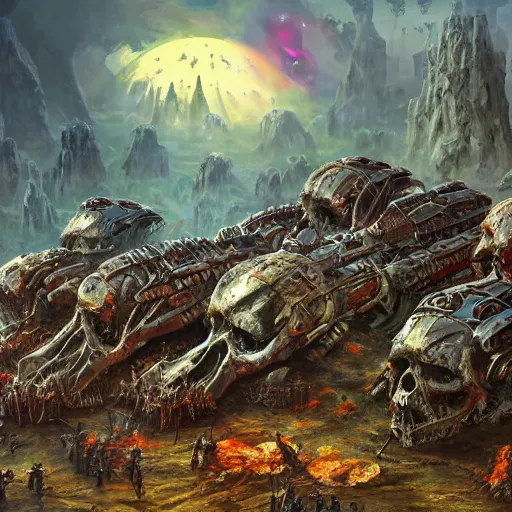 Prompt: brutal war on extraterrestrial battlefield, between extraterrestrial warlords, piles of skulls, bloody banners, fire, on ancient post - apocalyptic planet, jim henson creature shop, vivid and colorful, thomas kincaid, cinematic, oil painting, highly detailed, illustration