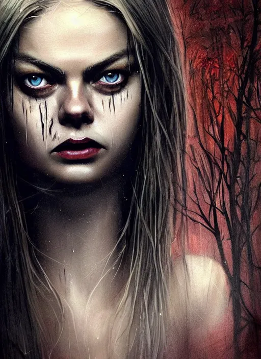 Prompt: gorgeous female Samara Weaving holding knife, horror movie slasher, full body with jeans and t shirt, realistic character concept, creepy evil smile, shorter neck, illustration, symmetrical face and body, realistic eyes, artstation, cinematic lighting, hyperdetailed, detailed realistic symmetrical eyes, face by artgerm, symmetrical nose, cgsociety, trees, forest, 8k, high resolution, Charlie Bowater, Tom Bagshaw, single face, insanely detailed and intricate, beautiful, elegant, vfx, postprocessing