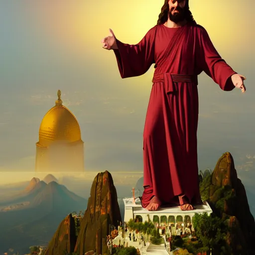 Image similar to buddy christ from dogma as christ the redeemer pointing both fingers in front of him, dynamic composition, dramatic lighting, trending on artstation, award winning art, stylized painting, ultrawide lens, aerial photography, rio de janeiro, 4 k, art by william bouguereau, alphonse mucha, greg rutkowski,