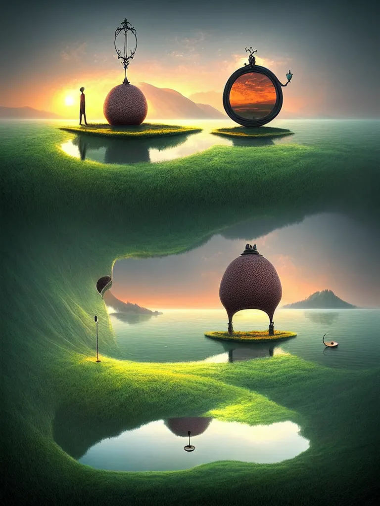 Image similar to a surreal landscape at sunset with a immense gigantic ornated iron chalice cup with a lake inside, water in excess dropping by gediminas pranckevicius