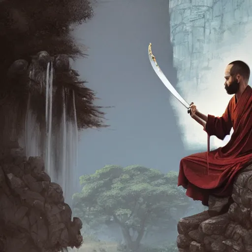 Image similar to A wise swordsman sitting meditating on a stone of a shaolin temple mount with a waterfall behind, artstation, Greg rutkowski, cinematic, digital Art