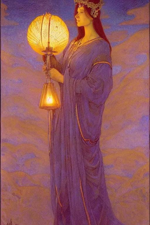 Prompt: queen of the twilight with her lantern and regalia, by Annie Swynnerton and Nicholas Roerich and jean delville, dramatic cinematic lighting , ornate headdress , flowing robes, lost civilizations, extremely detailed