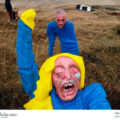 Image similar to 2 0 2 2 last selfie of last alive of frightened funny ukrainian in dirty yellow and blue clothes, trying to escape, badly injured from radiation to bones from a huge nuclear explosion at background