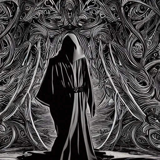 Image similar to a dark figure in a flowing robe haunts the end of time, featured, detailed, 4k, intricate lines