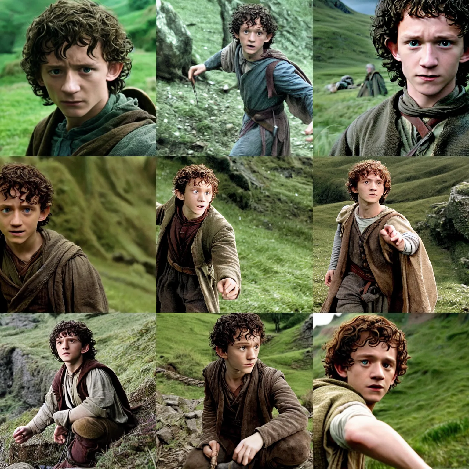 Prompt: film still of tom holland as frodo baggins in lord of the rings ( 2 0 0 1 )