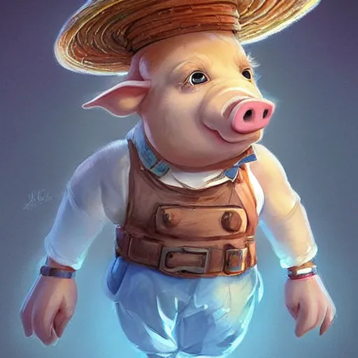 Image similar to cute little anthropomorphic funny female pig wearing shorts, a sunhat, boots and a pale blue shirt!! tiny!! fully clothed!!! small, short, cute and adorable, character art portrait, matte fantasy painting, deviantart artstation, by jason felix by steve argyle by tyler jacobson by peter mohrbacher, cinema