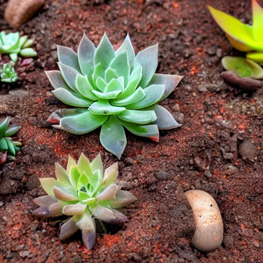 Prompt: succulents growing in dirt, orange tint, mixed media photography, very detailed, top down perspective,