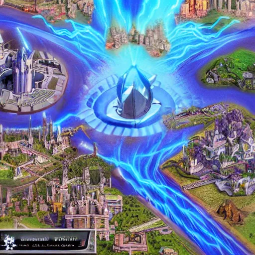 Image similar to imaginary heroes of might and magic city, high resolution and extreme detail, well symmetrically composed, gorgeous lightning