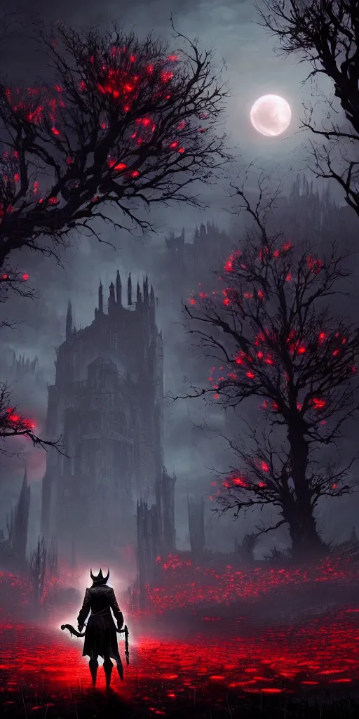 Image similar to abandoned bloodborne old valley with a person at the centre and a ruined gothic city at the end, trees and stars in the background, falling red petals, epic red - orange moonlight, perfect lightning, wallpaper illustration by niko delort and kentaro miura, 4 k, ultra realistic