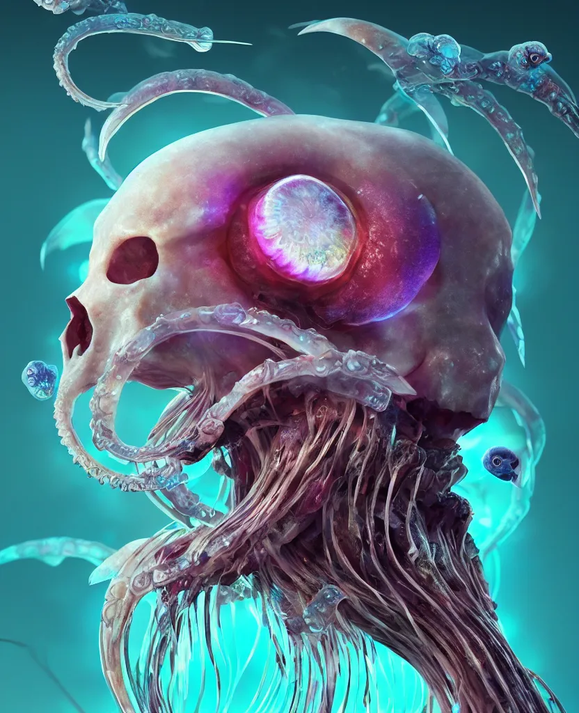 Image similar to goddess close-up portrait ram skull. eyes. jellyfish phoenix head, nautilus, orchid, skull, betta fish, bioluminiscent creatures, intricate artwork by Tooth Wu and wlop and beeple. octane render, trending on artstation, greg rutkowski very coherent symmetrical artwork. cinematic, hyper realism, high detail, octane render, 8k