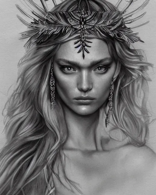 Image similar to realism tattoo sketch of lily donaldson as a beautiful greek goddess aphrodite with piercing eyes wearing a laurel wreath and triangle earrings, in the style of greg rutkowski, amazing detail