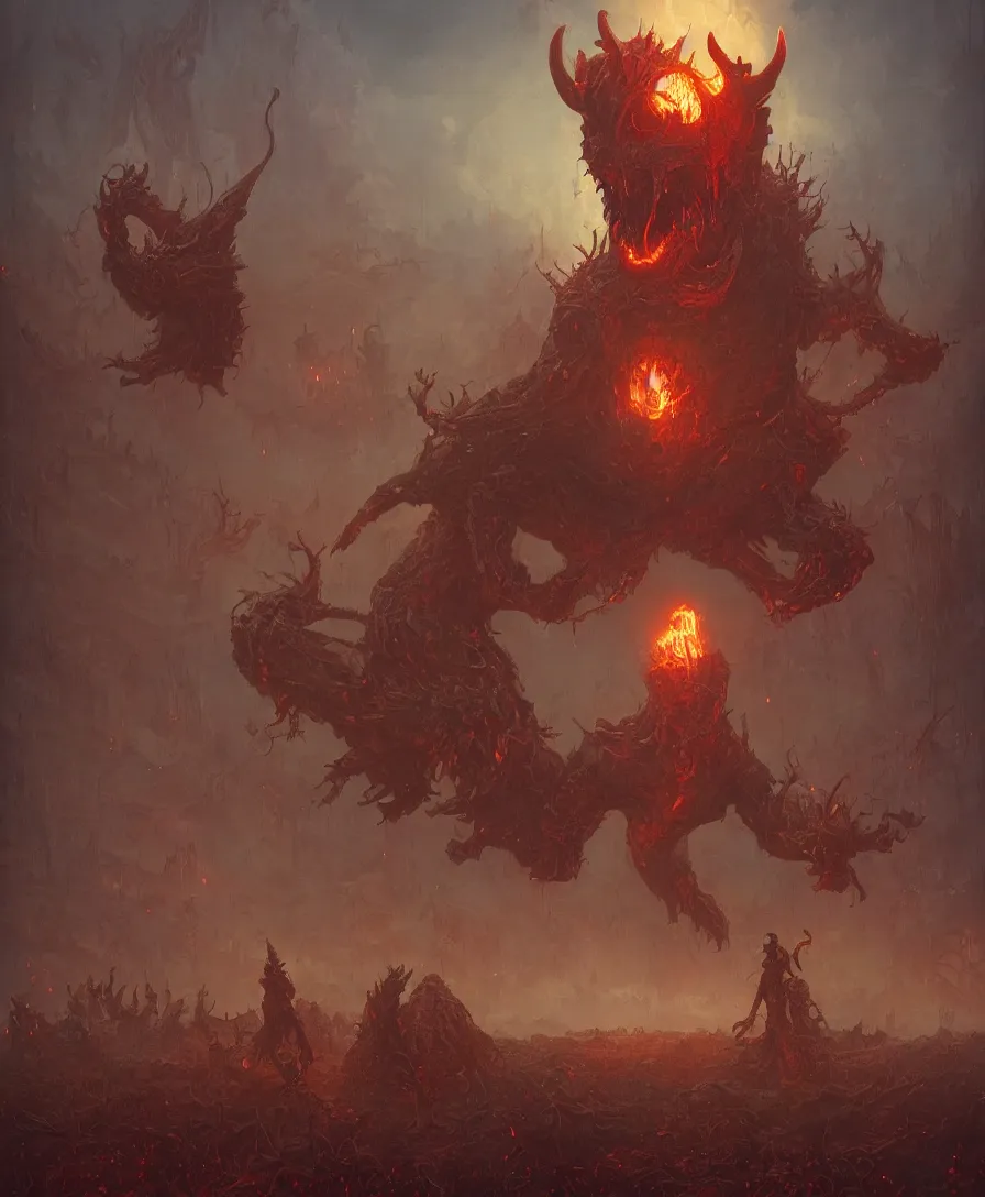 Image similar to giant hangry devil with arms open in judgement day, illustrated by Simon Stålenhag and Gaston Bussiere, intricate, ultra detailed, photorealistic, trending on artstation