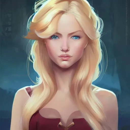 Image similar to portrait of beautiful girl with blond hair and blue eyes, League of Legend illustration by Sam Youn:2, profile picture by Gil Elvgren:2, asymmetrical, Organic Painting, Ambient Occlusion:3, Matte Painting, bold shapes, hard edges, street art, trending on artstation, realistic:2 by Sachin Teng:5