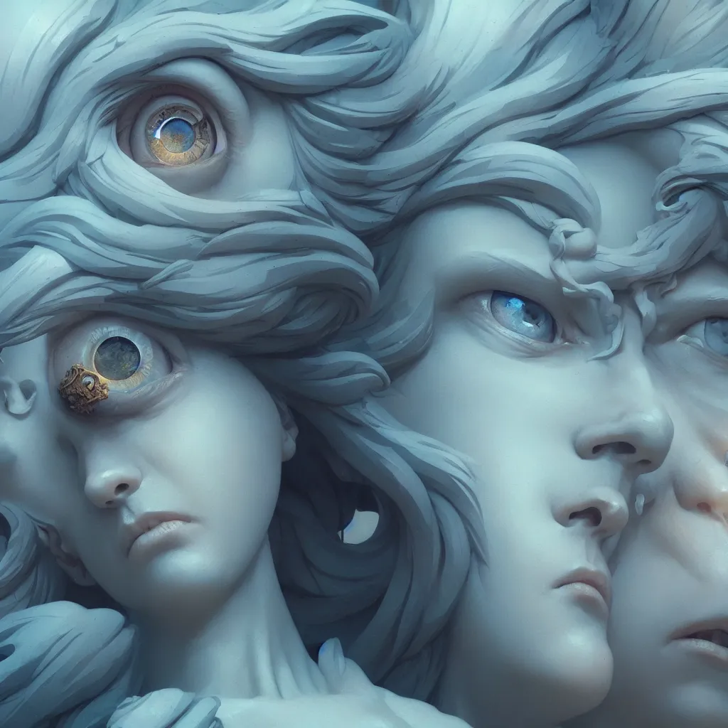 Image similar to beautiful very extreme closeup eye angels stone statues, unreal engine, greg rutkowski, loish, rhads, beeple, tom bagshaw, alphonse mucha, global illumination, detailed and intricate environment