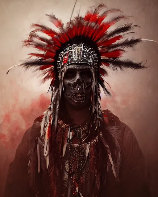 Image similar to the ghost - spirit of the grim - warpaint wears the scarlet skull armor and native blood headdress feathers, midnight fog - mist!, dark oil painting colors, realism, cinematic lighting, various refining methods, micro macro autofocus, ultra definition, award winning photo