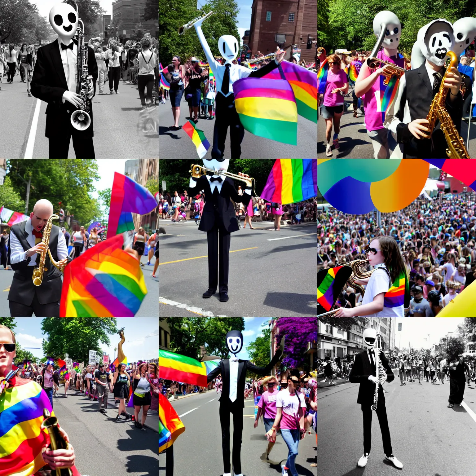 Prompt: Slenderman playing the saxophone at a pride parade, photograph